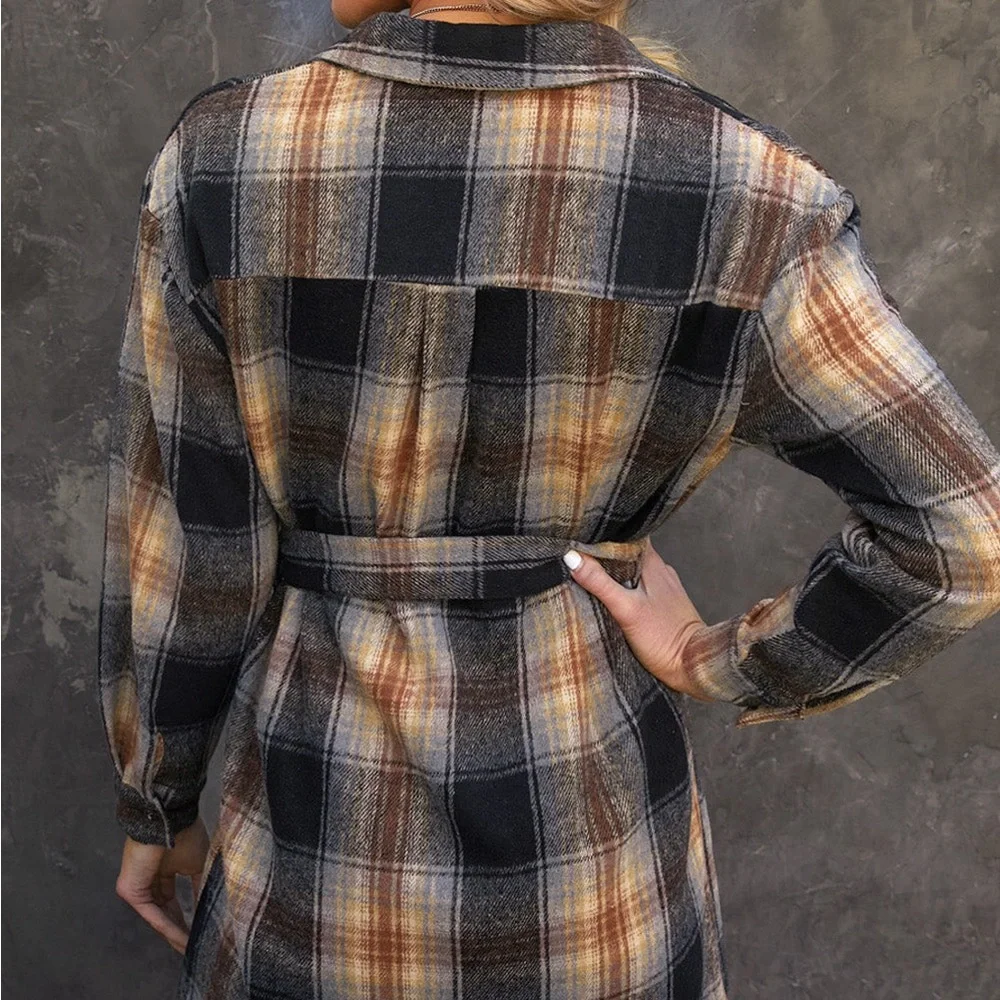 Colorblock Plaid Casual Pocket Belted Shirt Mini Dress - Picture 3 of 4